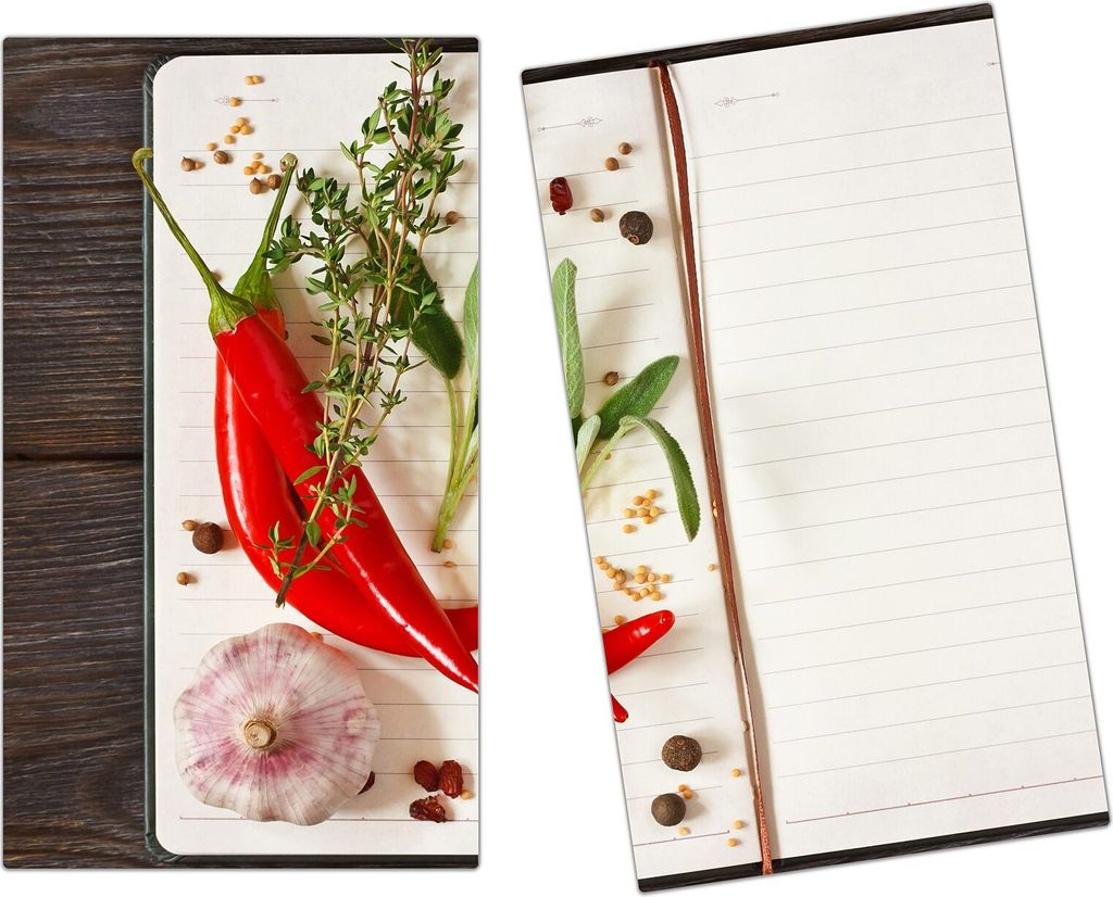 Spritzschutz Herdabdeckplatte Schneidebrett aus Glas Schilischote auf Teller 2-Teilig (60x52cm)