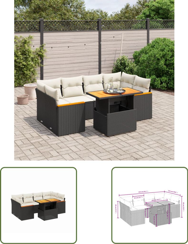 The Living Store 7-tlg. Garten-Sofagarnitur mit Kissen Schwarz Poly Rattan