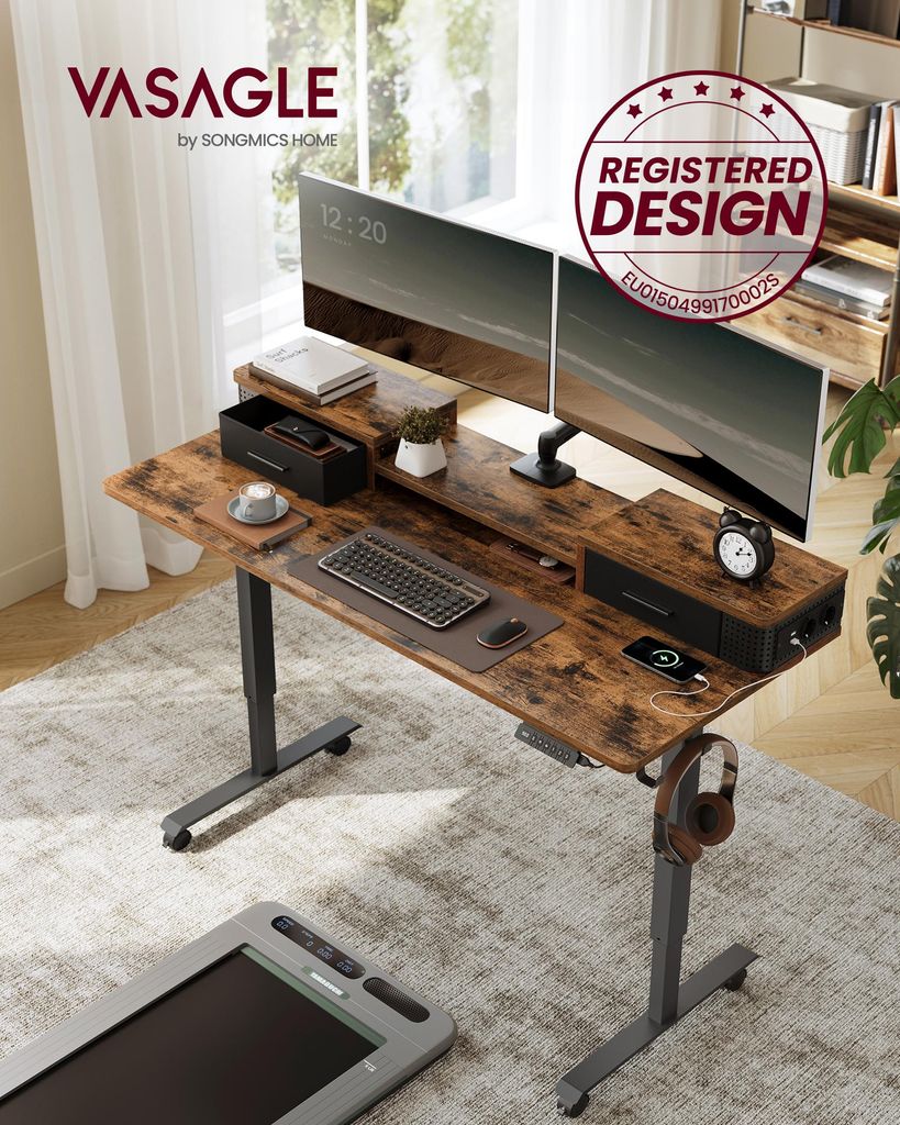 VASAGLE Höhenverstellbarer Schreibtisch elektrisch, 140 cm, stufenlos verstellbar, mit Steckdosenleiste, Haken, Memory-Funktion