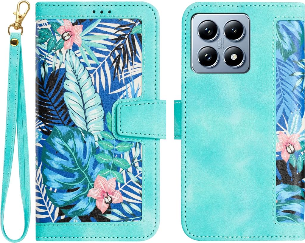 Für Xiaomi 14T Pro Kunstleder Wallet Handy Tasche Blumen Design Hülle Etuis Grün