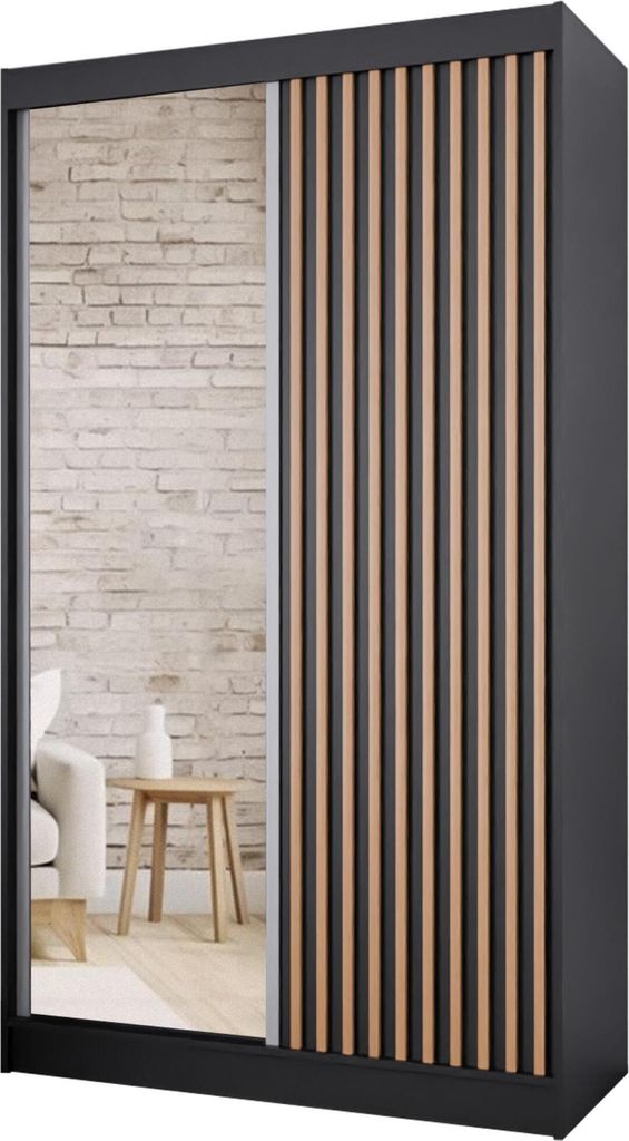 2-türig Kleiderschrank mit Lamellen Paulo stilvoll Schiebtürenchrank mit Spiegel für Kleidung modern Schwebetürenchrank mit Regale und Kleiders...