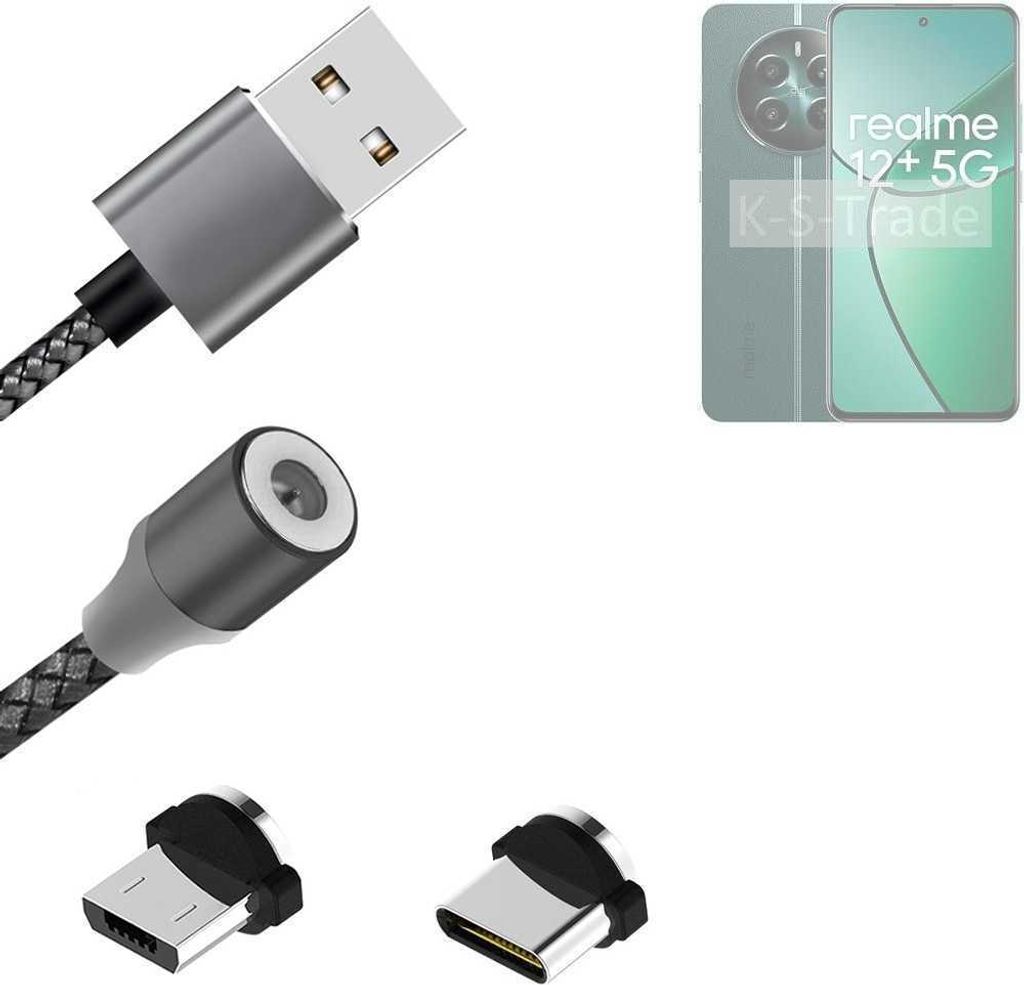 K-S-Trade Hochwertiges Magnet-Lade-kabel Sync-Kabel Daten-Kabel für Realme 12+ 5G mit USB-Typ-C-Anschluss und Micro-USB-Anschluss 2A bis zu 480mbps