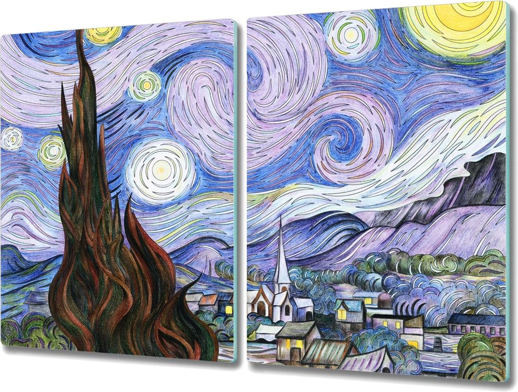 Coloray Schneidebrett Herdabdeckplatte 2x40x52 cm Kochplattenabdeckung Küchenbrett Hackbrett - Nacht Dorf