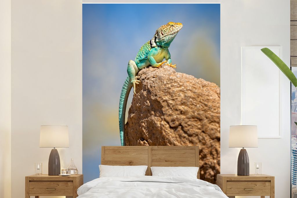 MuchoWow Fototapete für Wohnzimmer oder Schlafzimmer Wandtapete Vinyl Motivtapete Eine bunte Eidechse sitzt auf einem Stein - 155x240 cm - Tapete