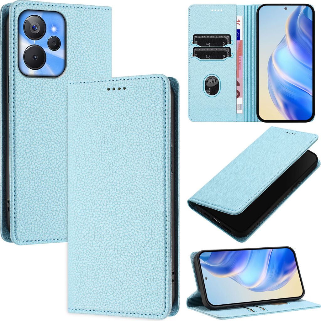Litchi Leder Handyhülle für Realme 10T/Realme 10S Wallet Kartenfächer Standfunktion Hülle Hellblau
