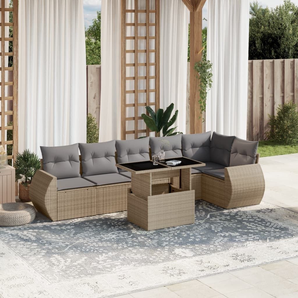 Möbel 7-tlg. Garten-Sofagarnitur mit Kissen Beige Poly Rattan - Sitzgruppe 3268549