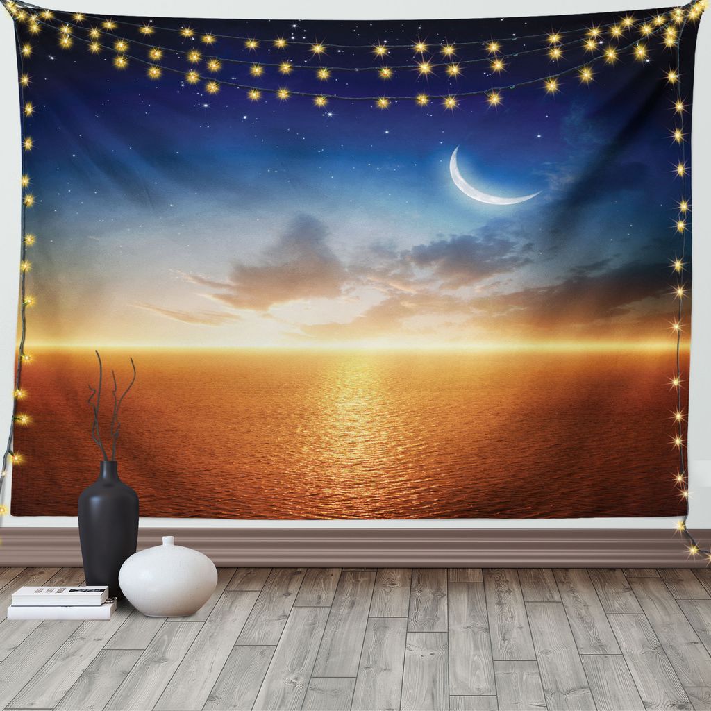ABAKUHAUS Landschaft Wandteppich, Sonnenuntergang Himmel Mond Sterne, Wohnzimmer Schlafzimmer Heim Seidiges Satin Wandteppich, 200 x 150 cm, Orange...