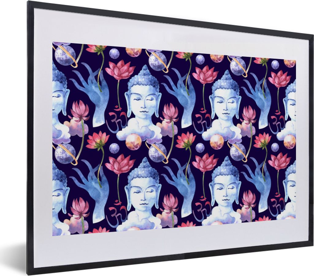 MuchoWow MuchoWow Gerahmtes Poster Buddha - Kopf - Blau 40x30 cm - Poster mit zchwarzem Bilderrahmen - Bilderrahmen - Poster im Rahmen