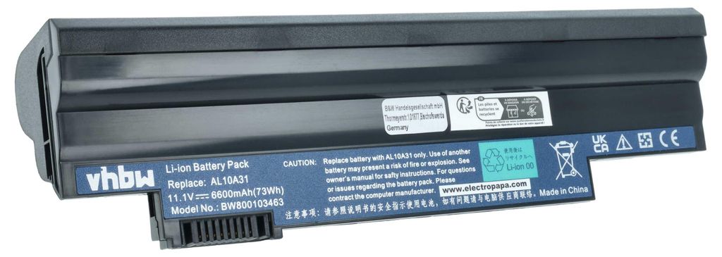 vhbw Akku kompatibel mit Acer Aspire D257, D270 Notebook (6600 mAh, 11,1 V, Li-Ion)