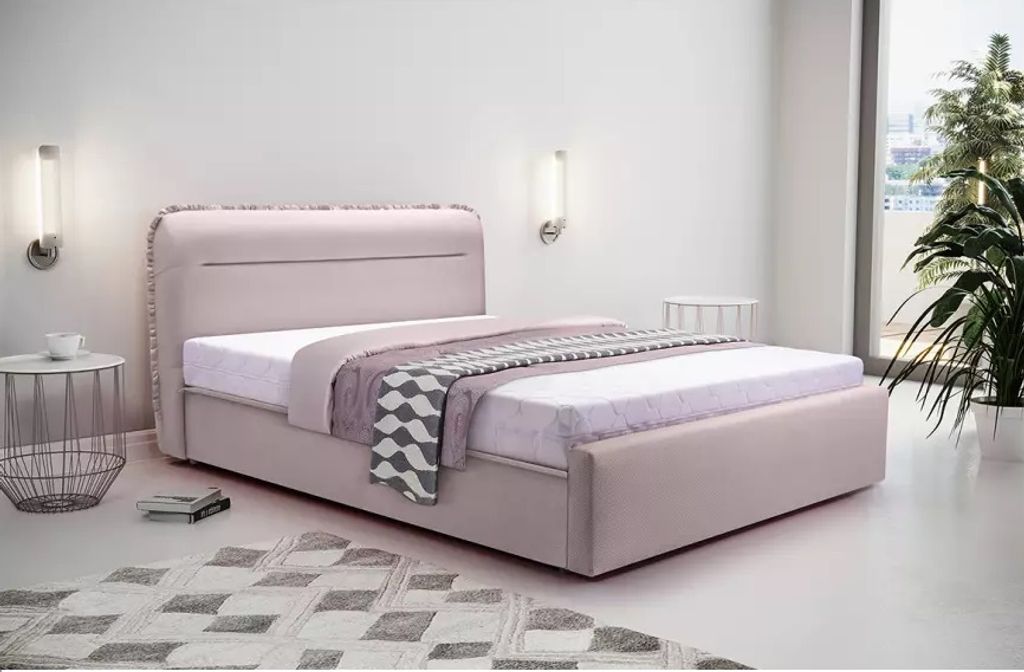 Kontinentales Bett mit dekorativem Kopfteil, elegant mit Bettzeugbehälter, mit Gasfederung, komfortable Handhabung, elegante Ausführung, moderner...