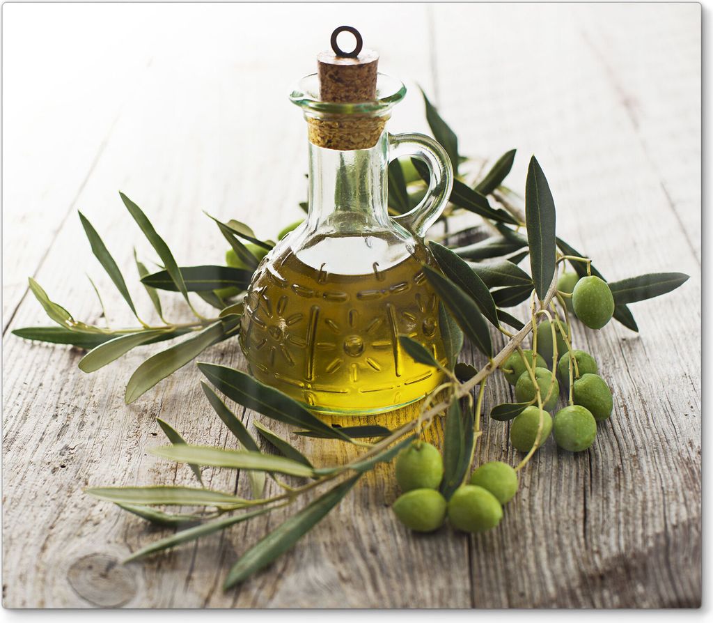 DEQORI Herdabdeckplatte Glas 1-tlg 'Olivenöl mit Olivenzweig' Herd Abdeckung Küche