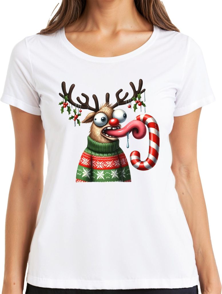 Weihnachten Verrücktes Rentier Zuckerstange lustig Cartoon Damen T-Shirt, Weiß, L