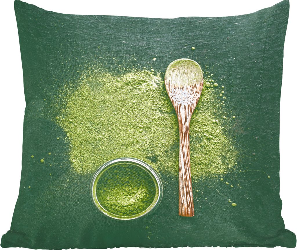 MuchoWow Zierkissen Sofakissen Wohnzimmer Dekokissen 45x45 cm Grünes Matcha-Pulver auf grünem Hintergrund - Schlafpolster - Polster für das Sofa