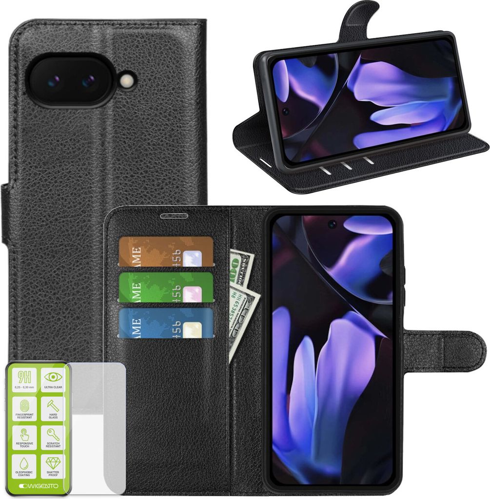 Für Google Pixel 9a Kunstleder Book Wallet Case Tasche Schwarz + H9 Hart Glas