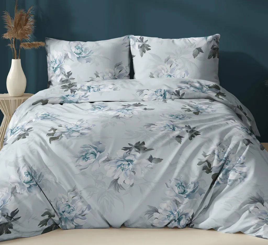 Linge de lit satin 160x200 bleu fleurs : idéal pour sommeil réparateur