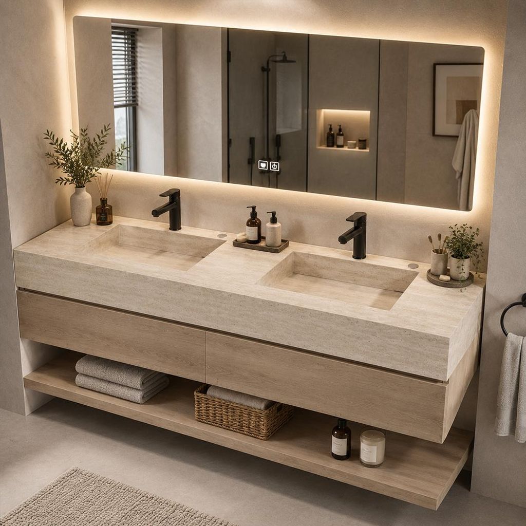 Badmöbel-Set mit Sinterstein-Doppelwaschbecken in Produktbild 
