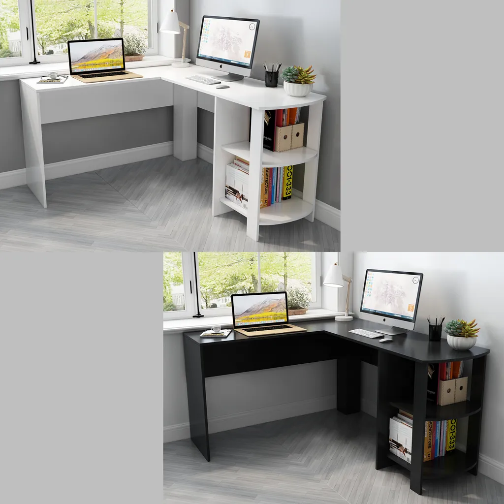 Mondeer Bureau d'angle en L avec 2 étagères arrondies Blanc pour PC
