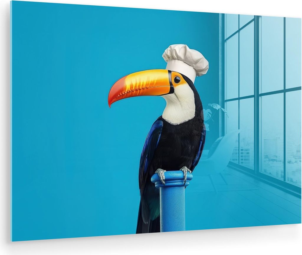 MuchoWow Glasbilder - Bilder auf Wandbild - Foto auf Glas Tukan - Sockel - Vogel - Kochmütze 60x40 cm Wanddekoration aus Glas - Acrylglasbild - Ac...