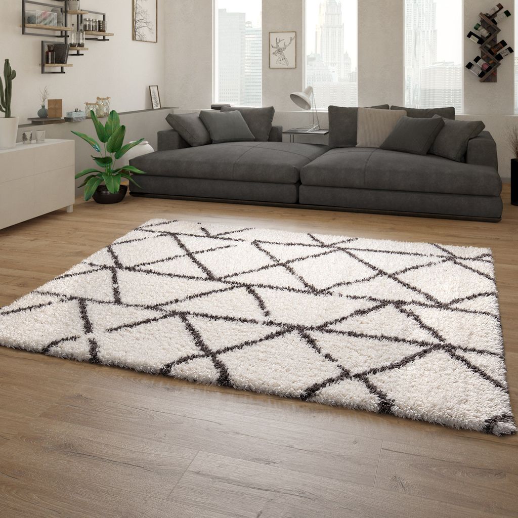 Hochflor Teppich Wohnzimmer Shaggy Langflor Modern Skandi Rauten Grau Creme Grösse 60x90 cm