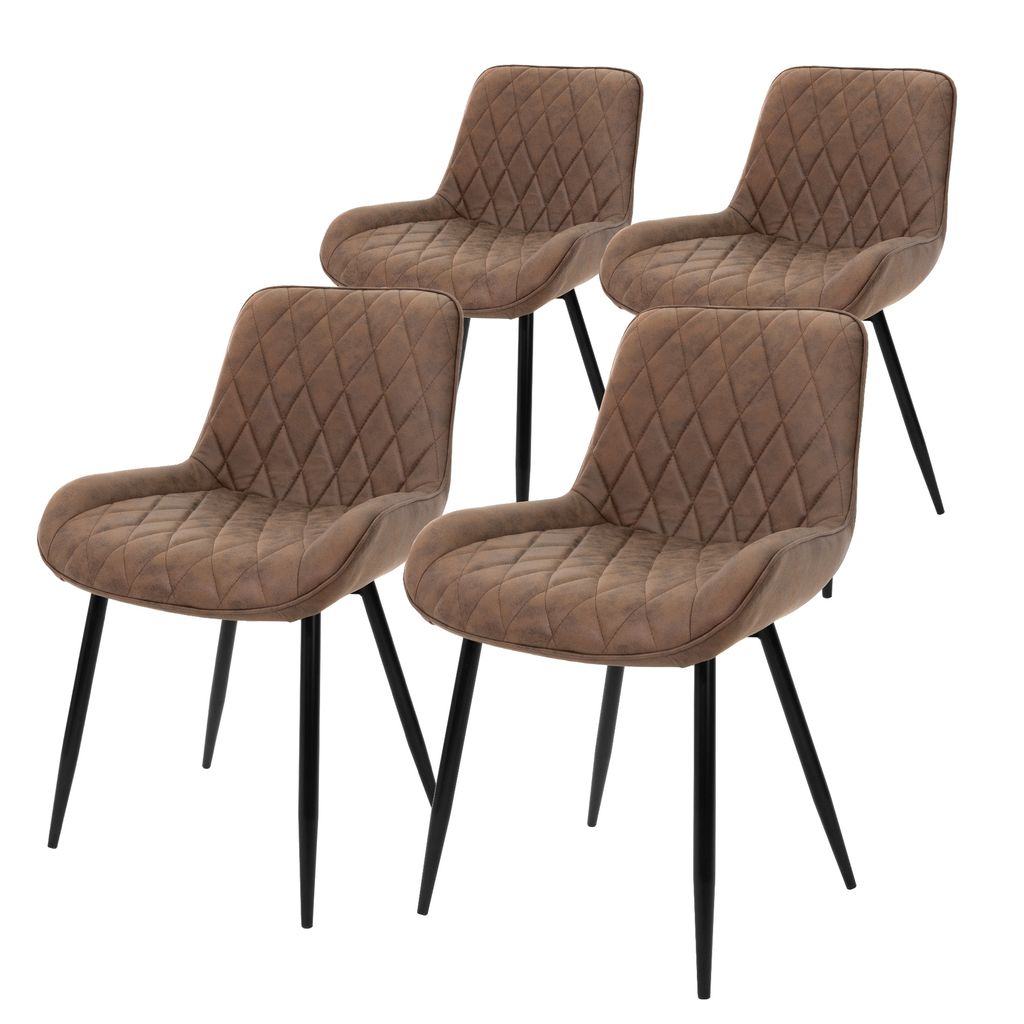 Four brown dining chairs with diamond-stitched upholstery and black metal legs are arranged on a white background.