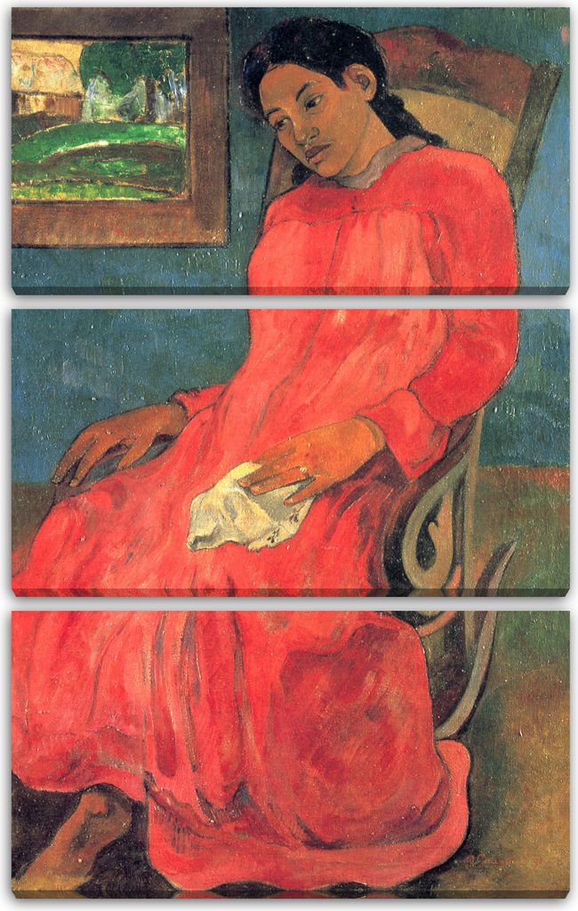 Leinwandbild 3-teilig (80x120cm): Paul Gauguin - Frau im rotem Kleid, echter Holz-Keilrahmen inkl. Aufhänger, handgefertigt in Deutschland