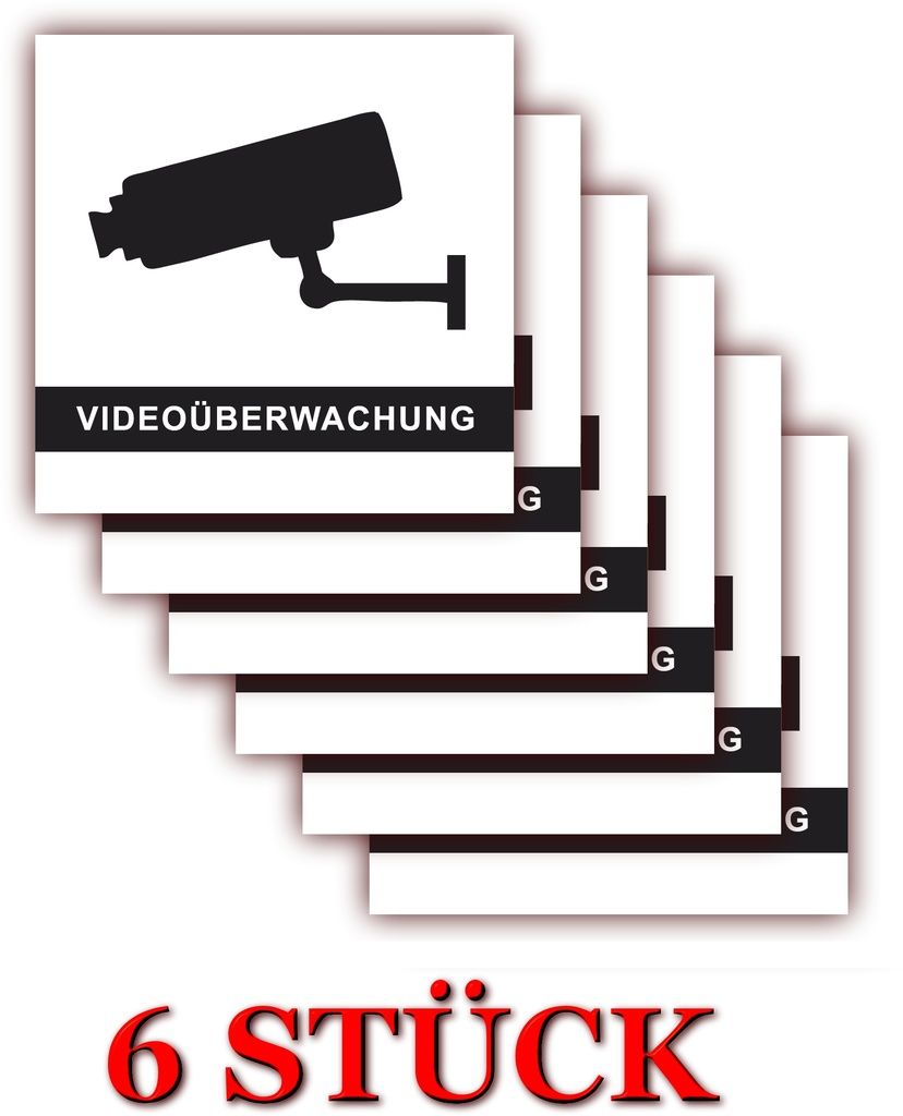 6 Stück - XL Folienaufkleber Videoüberwachung schwarz-weiss Größe 10 x 10cm - für innen und außen geeignet ( 508g )