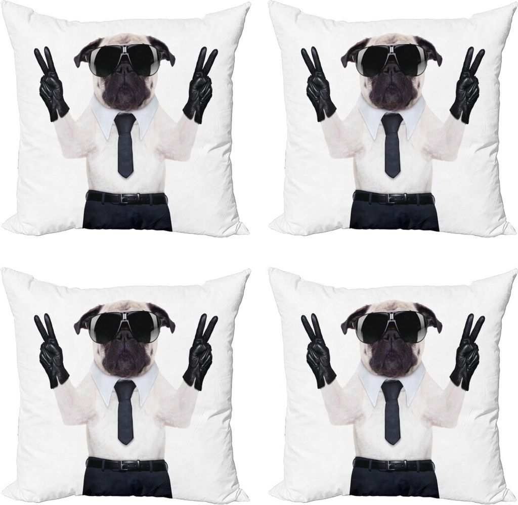 ABAKUHAUS Mops Kissenbezug Set (4 Stück), Suchen Hund Brille, Moderner Doppelseitiger Digitaldruck, 60 cm x 60 cm, Schwarz-Weiss