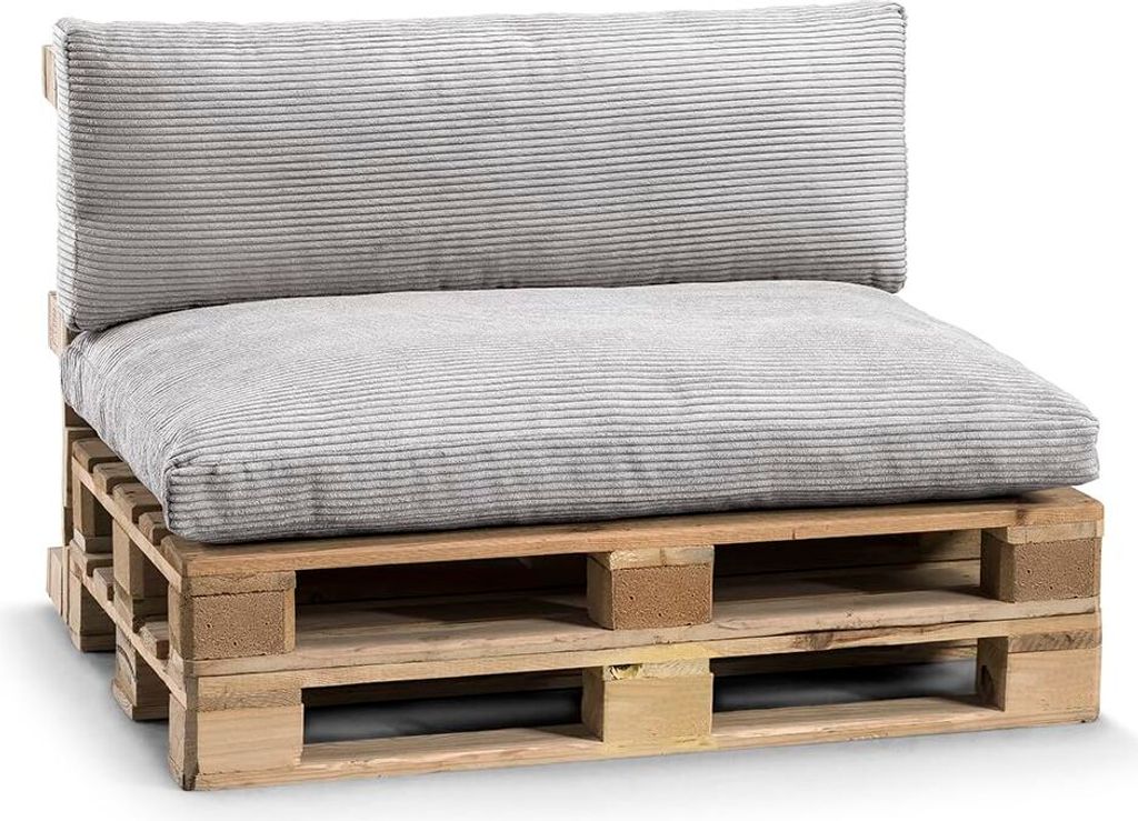 A pallet sofa cushion set with a grey striped pattern.
