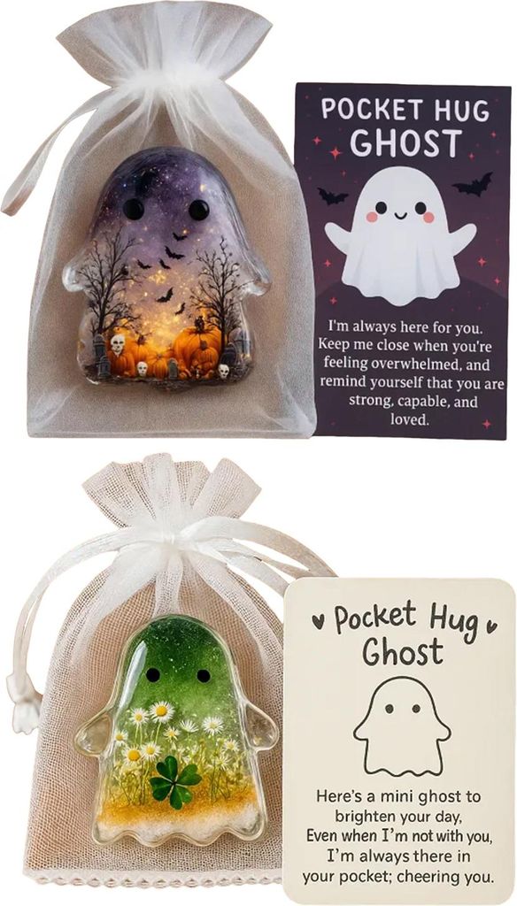 1/2/4/5 Stück Pocket Hug Ghost mit positiver Karte Emotionale Unterstützung Ghost Token Mini Halloween Cartoon Ghost Statue Inspirierendes Geschenk