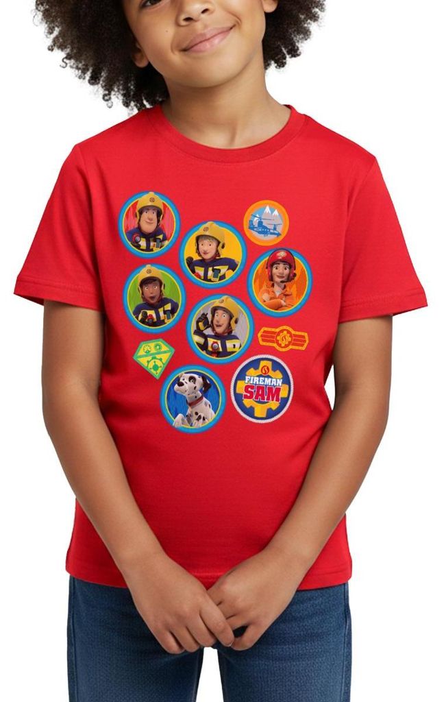 Spreadshirt Feuerwehrmann Sam Patch-Design Vom Ganzen Team Kinder T-Shirt, 122/128 (7-8 Jahre), Rot