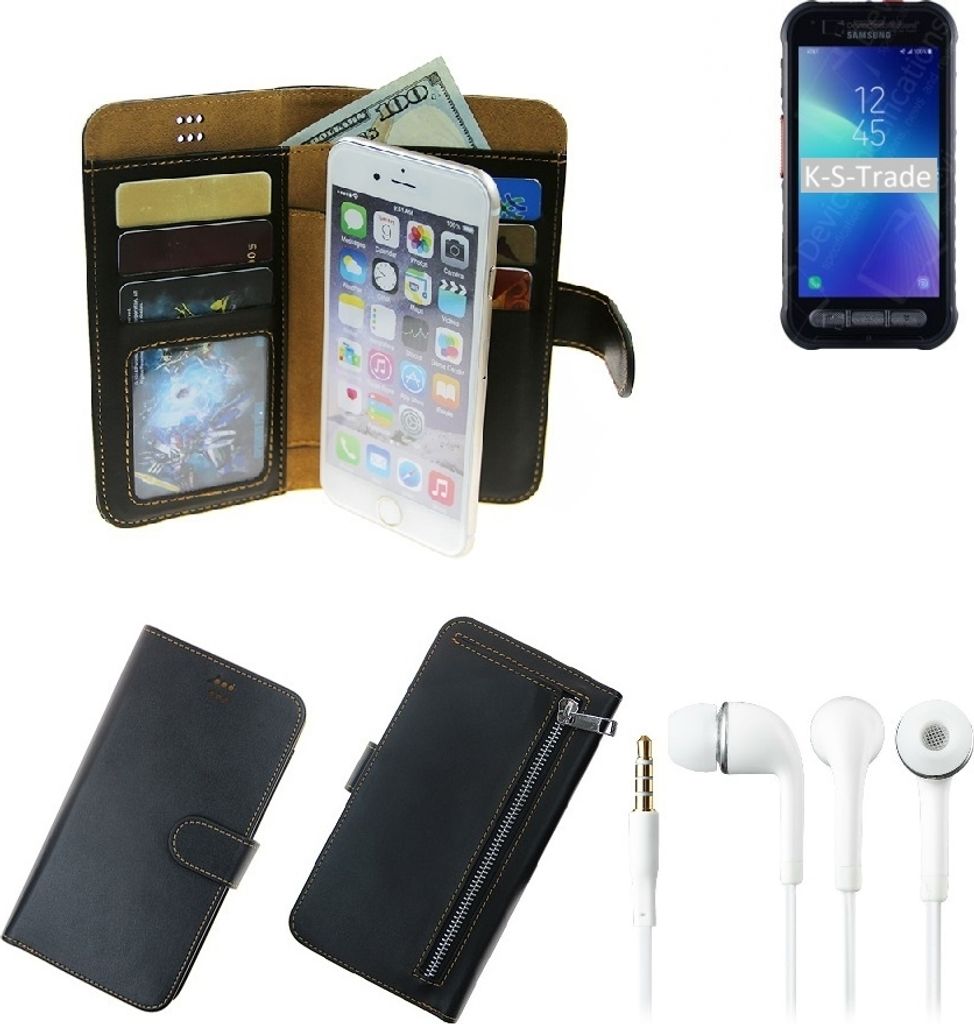TOP SET Portemonnaie Schutz Hülle kompatibel mit Samsung Galaxy XCover FieldPro schwarz aus Kunstleder + Kopfhörer Walletcase Smartphone Tasche