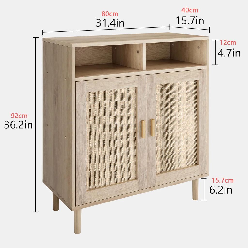 Rattan Sideboard - Küchenbuffet mit 2 Türen - Mid-Century Design - Stauraum mit Einlegeboden 80 cm - Massivholz und MDF - Natur Eiche
