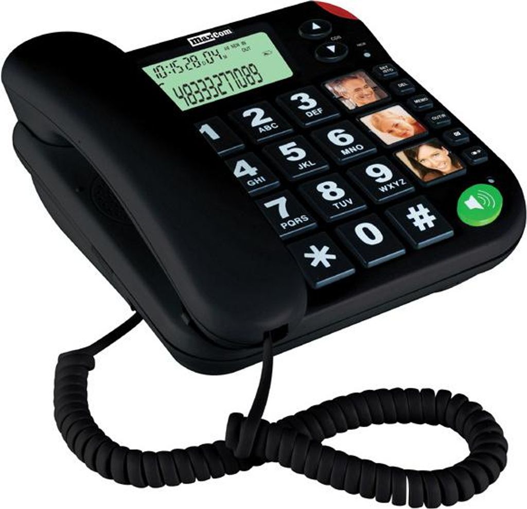 A black corded telephone with a digital display and large buttons is shown from a slightly elevated angle.