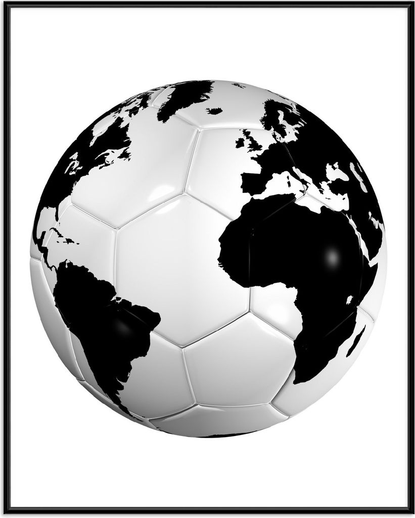 Wallario Wandbild Planet Fußball, Größe: 40,30 x 50,30 cm, Poster mit schwarzem Aluminiumrahmen