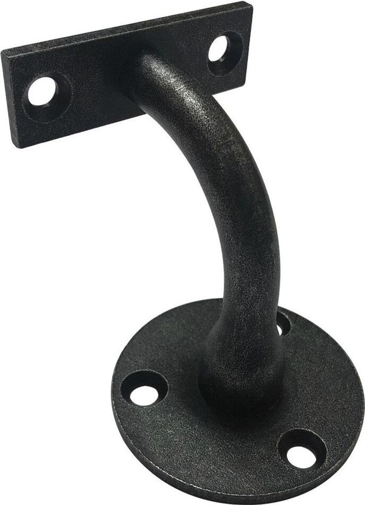 A black metal handrail bracket is shown against a white background.