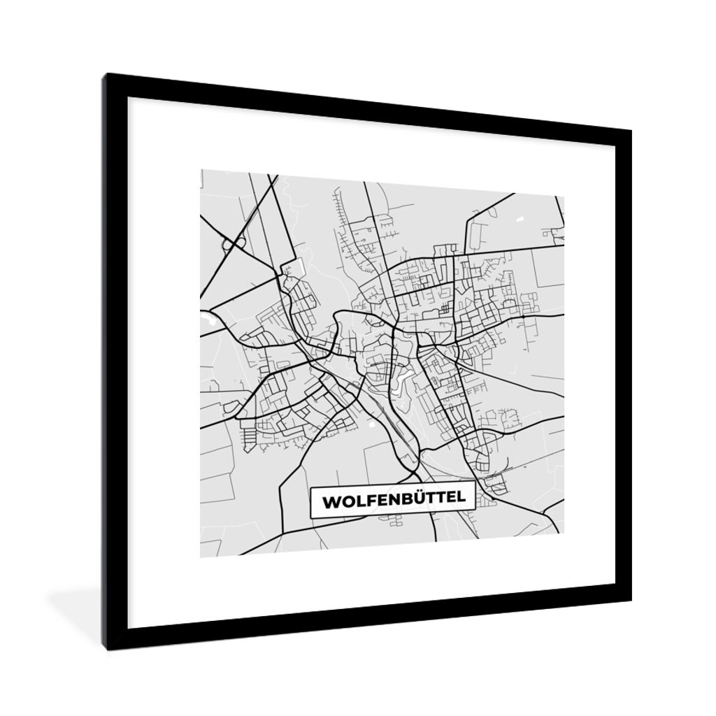 MuchoWow Gerahmtes Poster Stadtplan - Wolfenbüttel - Karte - Deutschland 40x40 cm - Poster mit Schwarzem Bilderrahmen Wandposter Rahmen Foto Bil...