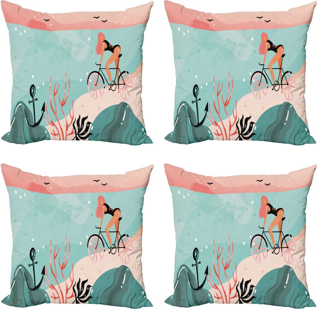 ABAKUHAUS Grafik-Strand Kissenbezug Set (4 Stück), Frau Radfahren in Sea, Moderner Doppelseitiger Digitaldruck, 45 cm x 45 cm, Coral Blassblau