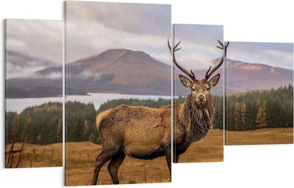 Bild auf Leinwand - Leinwandbild - 4 Teile - Rehe Wiese Berge - 120x70cm - Wand Bild - Wanddeko - Wandbilder - Leinwanddruck - Bilder - Wanddekorat...