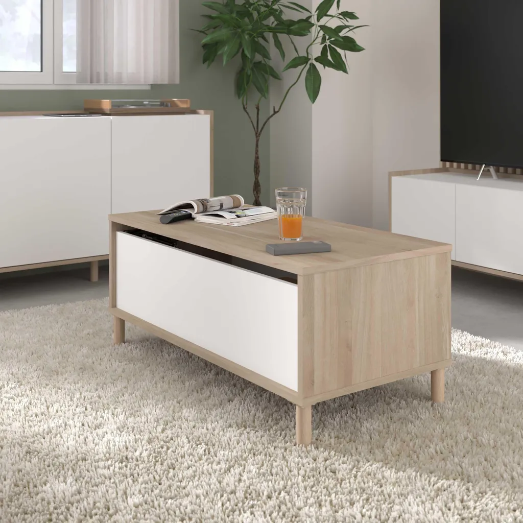 Table basse rectangulaire MORPHOS chêne blanc relevable 100x50 cm