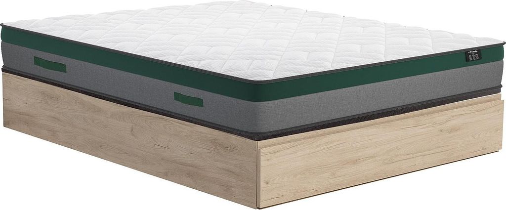 Set 160 x 200 cm Rahmen mit heller Naturtruhe und Schublade + 22 cm dicke Matratze mit Taschenfederkern - Marke PRESTIGE by YSMÉE