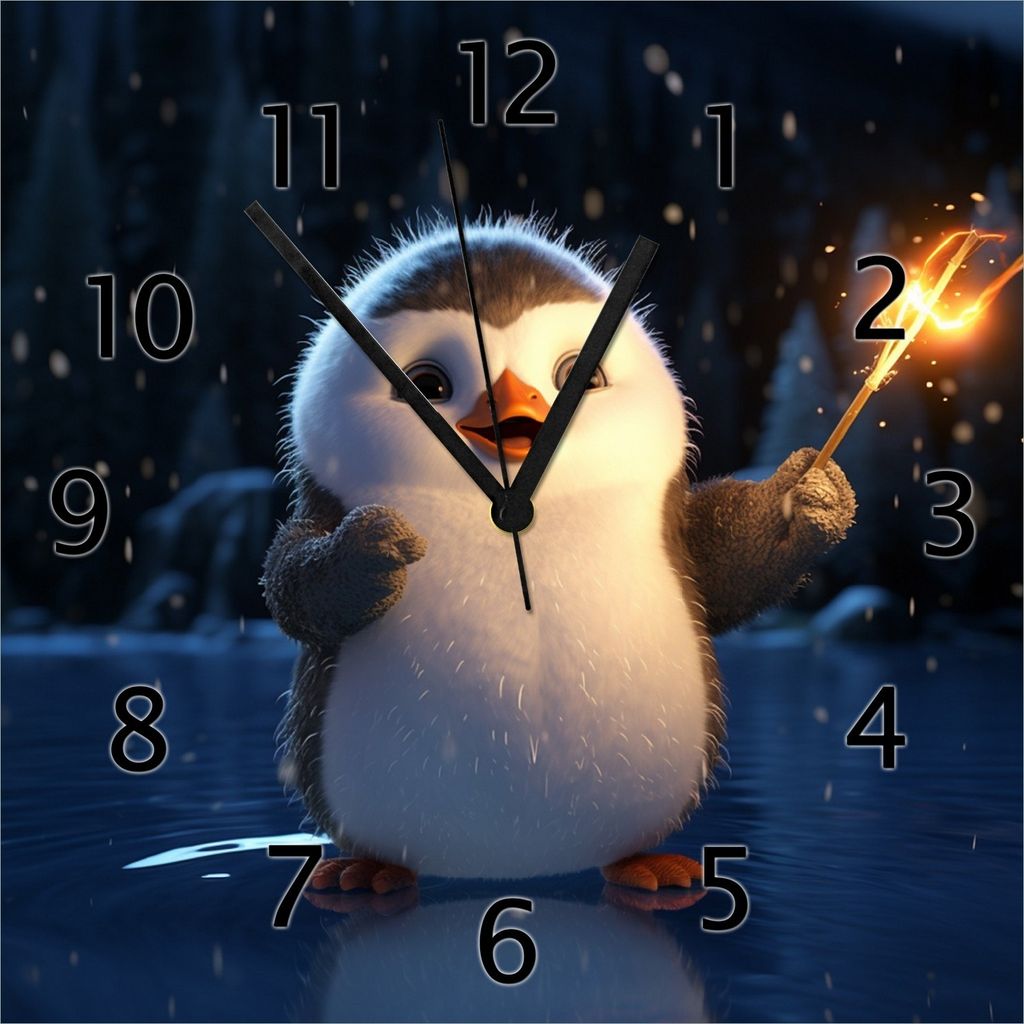 Wallario Design Wanduhr Süßer Pinguin aus Echtglas, Größe 30 x 30 cm