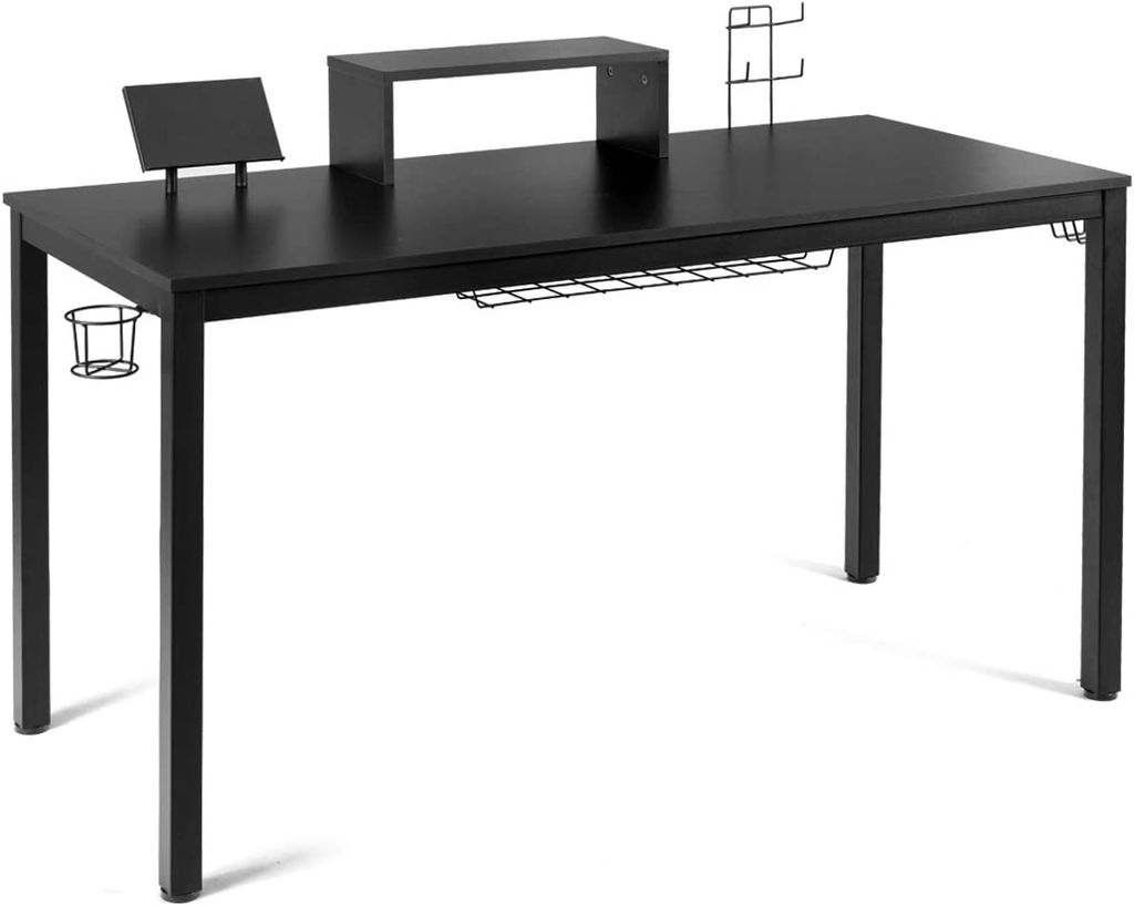 GOPLUS 140x60cm Computertisch Ergonomisch mit Monitorregal, Schreibtisch mit Getränkehalter Kopfhörerhaken Spiel Griffständer Drahtkorb