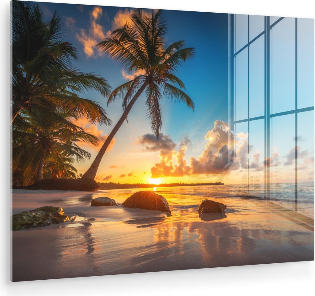 MuchoWow Glasbilder - Bilder auf Wandbild - Foto auf Glas Strand - Meer - Palme - Sonnenuntergang 40x30 cm Wanddekoration aus Glas - Acrylglasbild ...