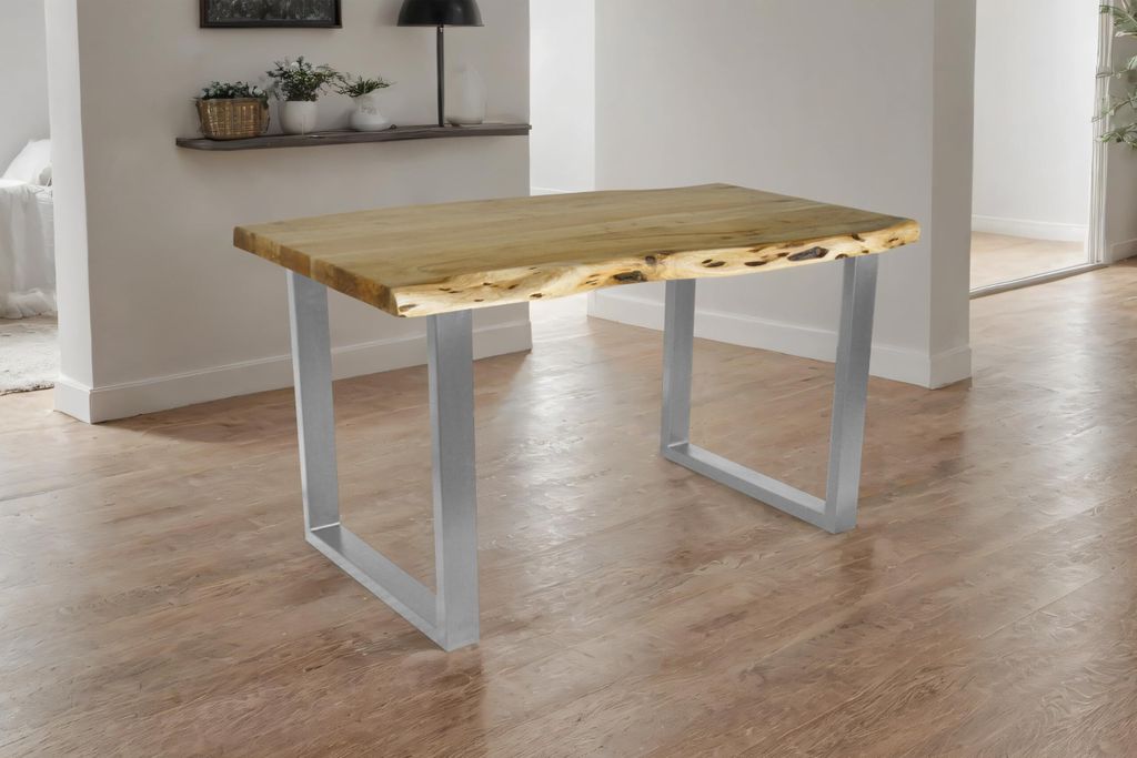 Esstisch Cali | 140 x 80 cm | Akazienholz massiv | Farbe: Eiche | U-Gestell Metall Silber | Massivholz mit Baumkante | pflegeleichter Baumkantentis...