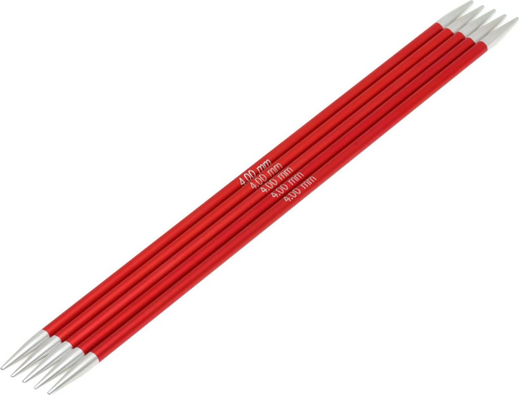 A set of red knitting needles on a white background.