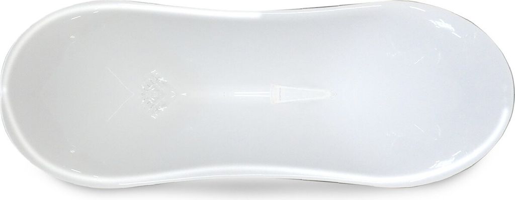 A top-down view of a white, oval-shaped bathtub on a white background.