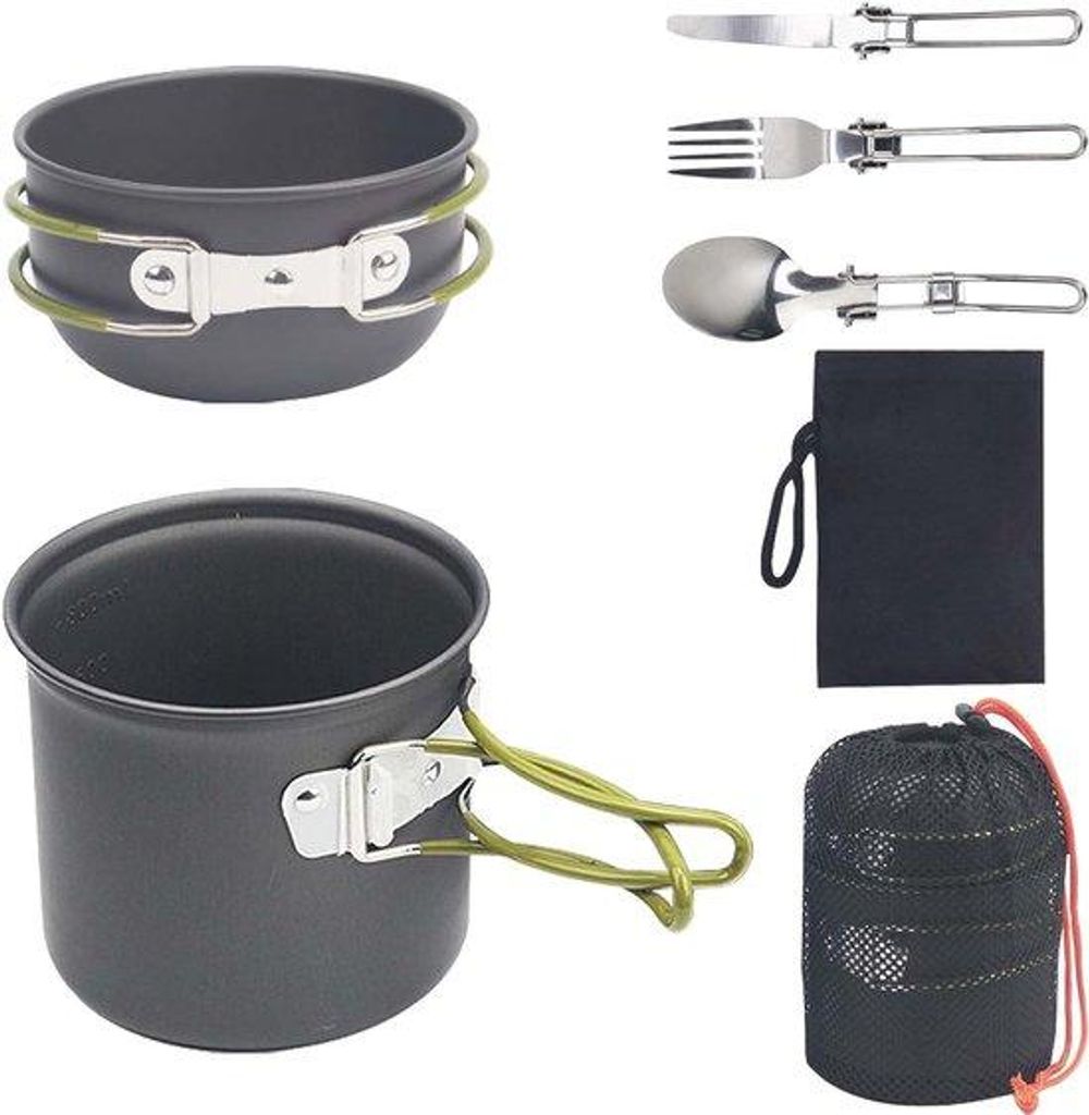 Aluminium-Kochset für 1-2 Personen, leichtes, tragbares Kochpaket mit Aluminiumlöffeln und -Gabeln, ideal für Camping, Reisen, Wandertouren