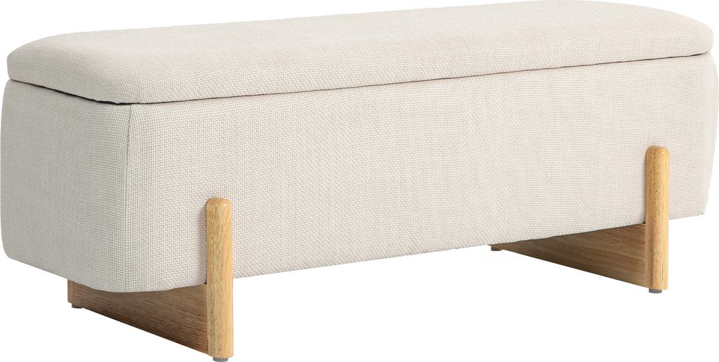 A cream-colored storage bench with wooden legs, shown against a white background.