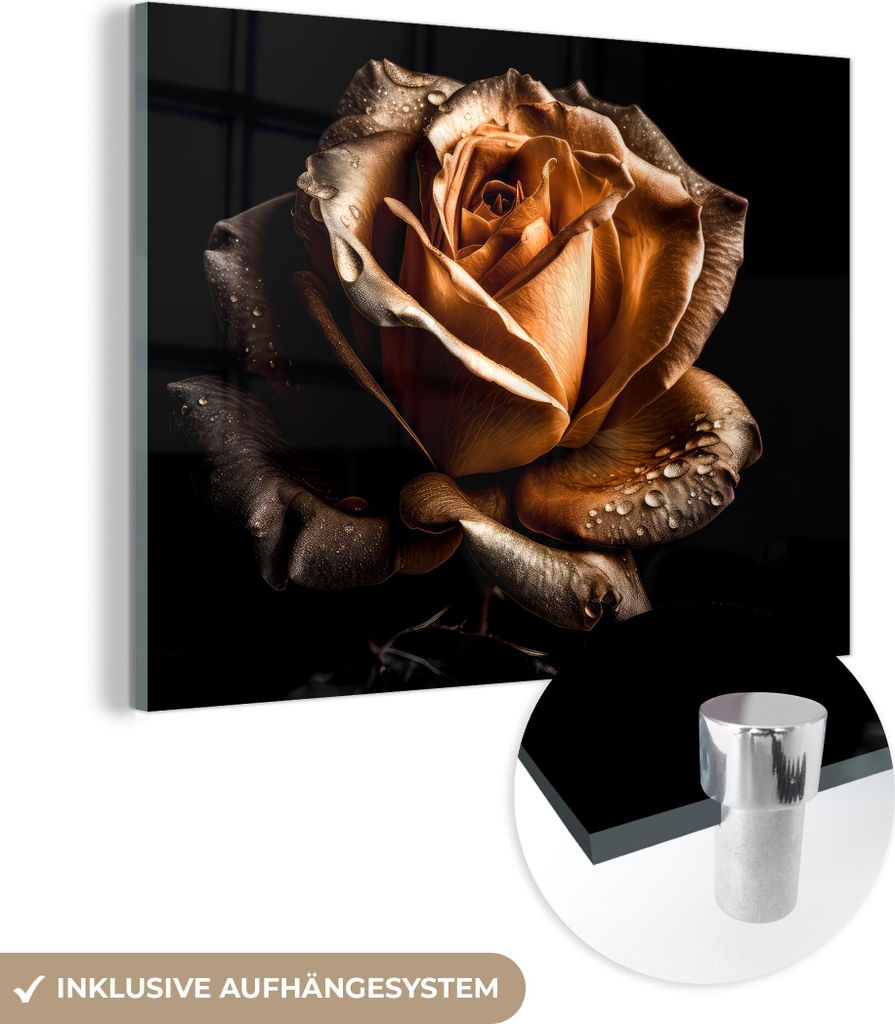 MuchoWow Glasbilder - Bilder auf Wandbild - Foto auf Glas Rose - Gold - Floral - Botanisch Schwarz 40x30 cm Wanddekoration aus Glas - Acrylglasbild...