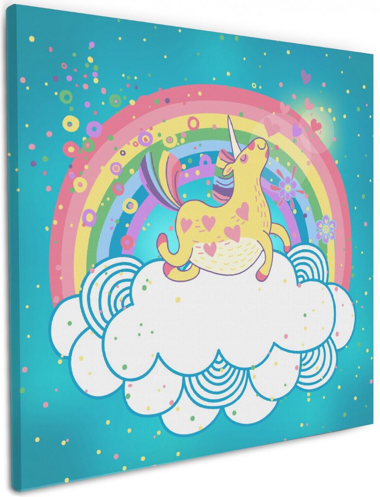Wallario Premium Leinwandbild Lustiges Einhorn auf einer Wolke vor Regenbogen in Größe 50 x 50 cm